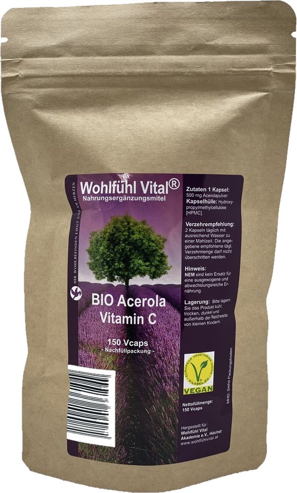 Acerola Bio Vitamin C 500mg, 150 Kapseln, Nachfüllpack, von Wohlfühl Vital